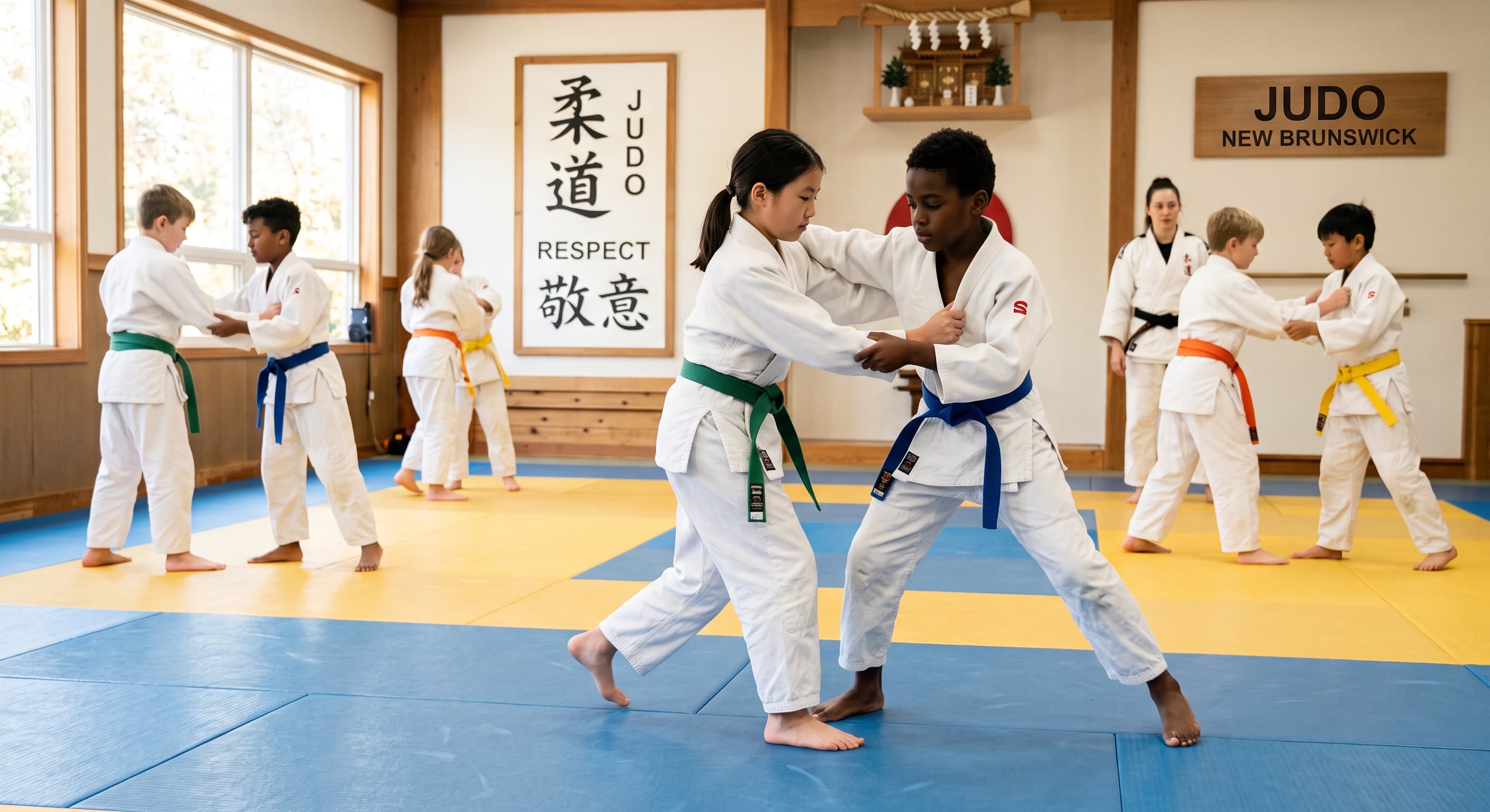 Young judoka practising kata together on the mat.
